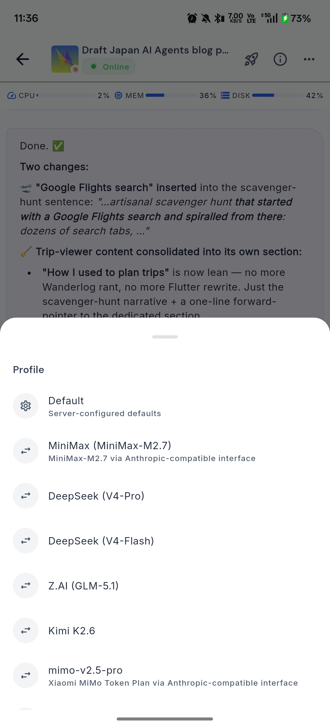 The Happy fork's profile picker, showing the providers I had wired up during the trip: Default (server-configured), MiniMax M2.7, DeepSeek V4-Pro, DeepSeek V4-Flash, Z.AI GLM-5.1, Kimi K2.6, and a Xiaomi MiMo token plan — all exposed through the Anthropic-compatible interface