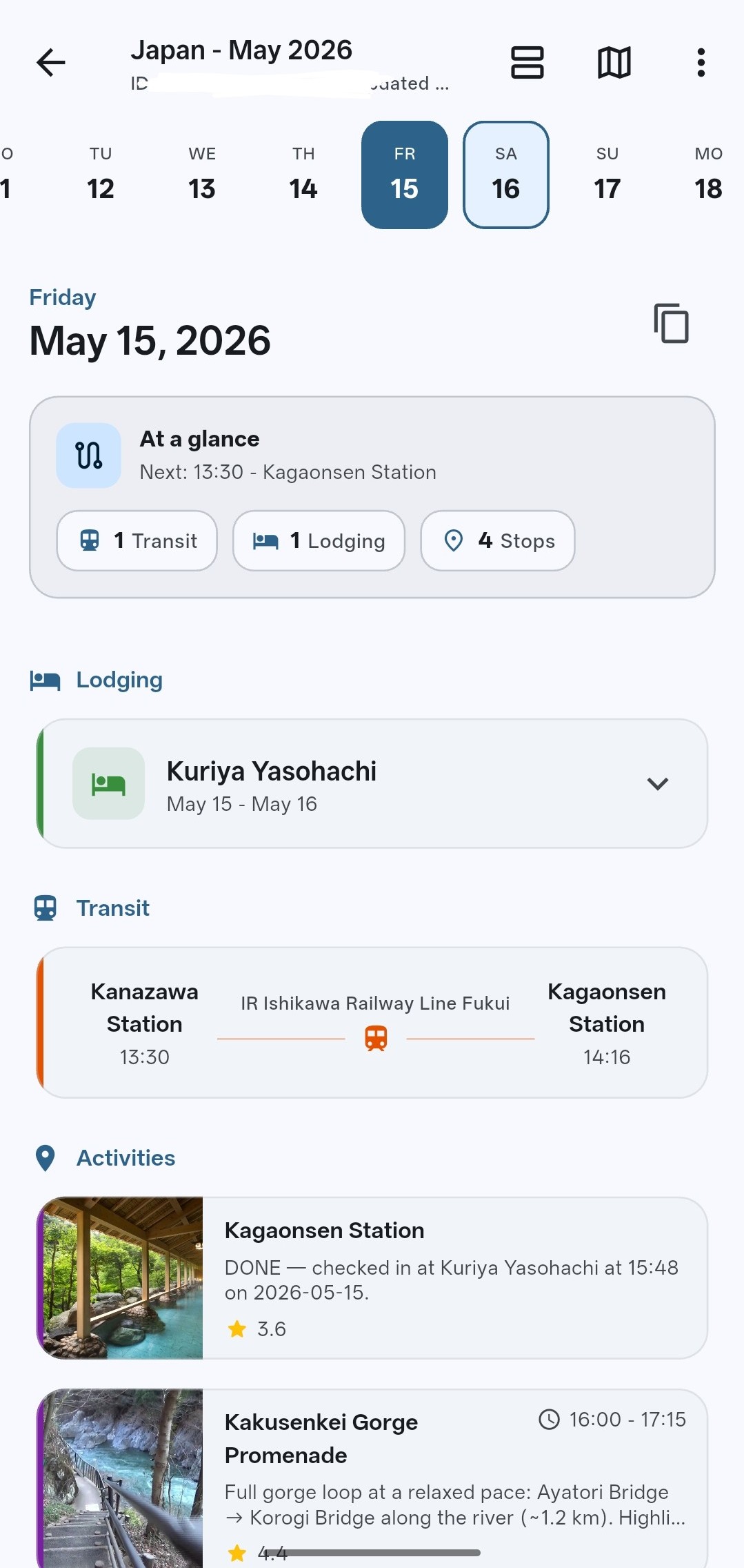 trip-viewer rendering the Japan trip timeline on mobile
