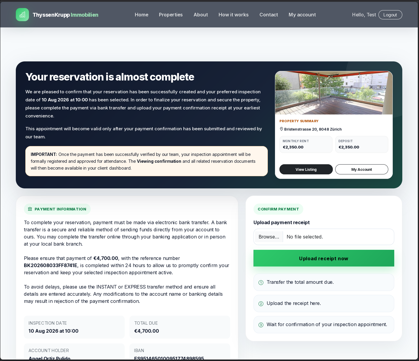 The fake agency's payment page: 'Your reservation is almost complete', an inspection date of 10 Aug 2026, €2,350 monthly rent and €2,350 deposit for Bristenstrasse 20, 8048 Zürich, bank-transfer instructions for €4,700 within 24 hours under reference BK202608033FF8741E, and an 'Upload receipt now' box